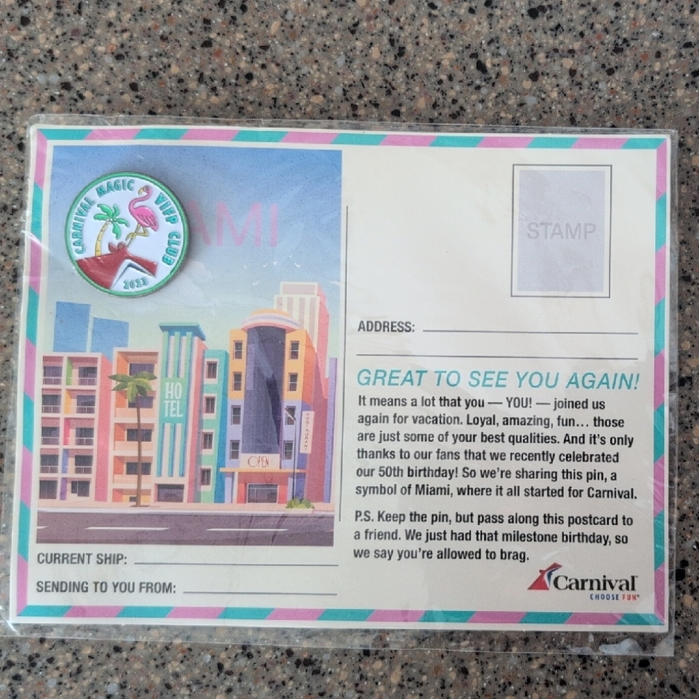 Carnival Magic VIFP Pin 2023 On Miami Postcard
